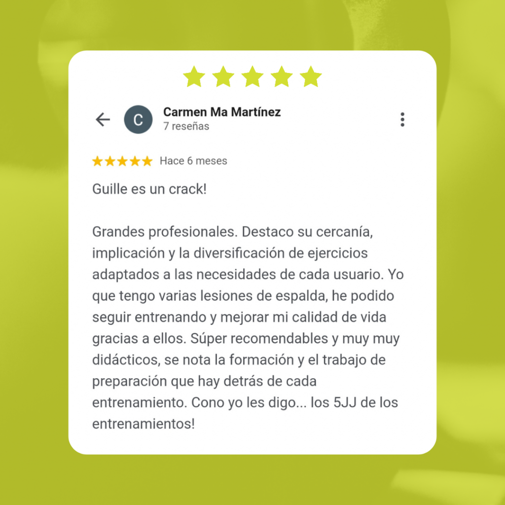 Guille es un crack! Grandes profesionales. Destaco su cercanía, implicación y la diversificación de ejercicios adaptados a las necesidades de cada usuario. Yo que tengo varias lesiones de espalda, he podido seguir entrenando y mejorar mi calidad de vida gracias a ellos. Súper recomendables y muy muy didácticos, se nota la formación y el trabajo de preparación que hay detrás de cada entrenamiento.